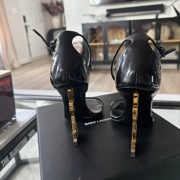 YSL Yves Saint Laurent 630109 Vernice Chiffon Nero Lucido Sandals - Picture 6 of 10